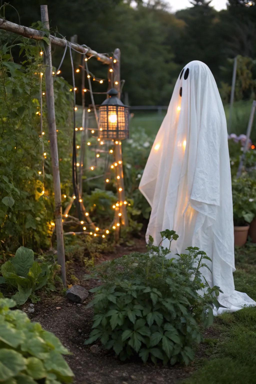 Construct a hauntingly gorgeous ghost using a plant support and some fabric.