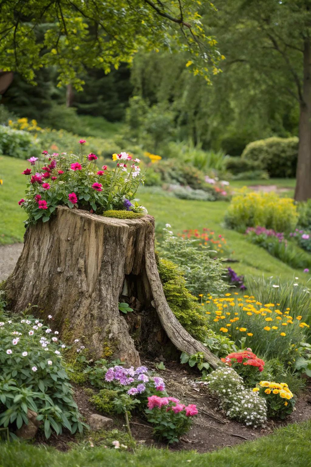 A tree stump turned planter bursts with life, adding a natural touch to your garden.
