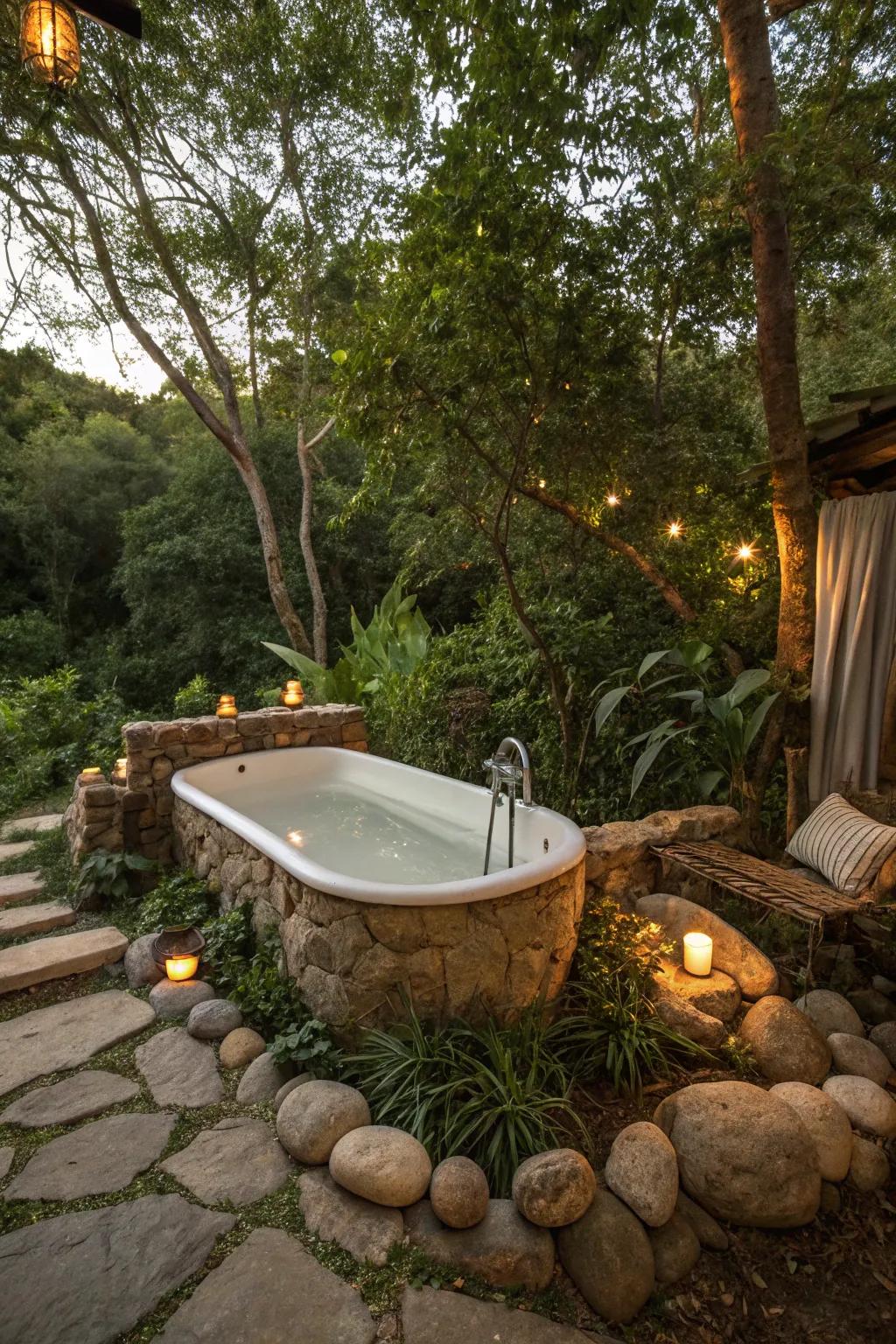 Design a peaceful getaway by incorporating stones and plants around your outdoor tub.