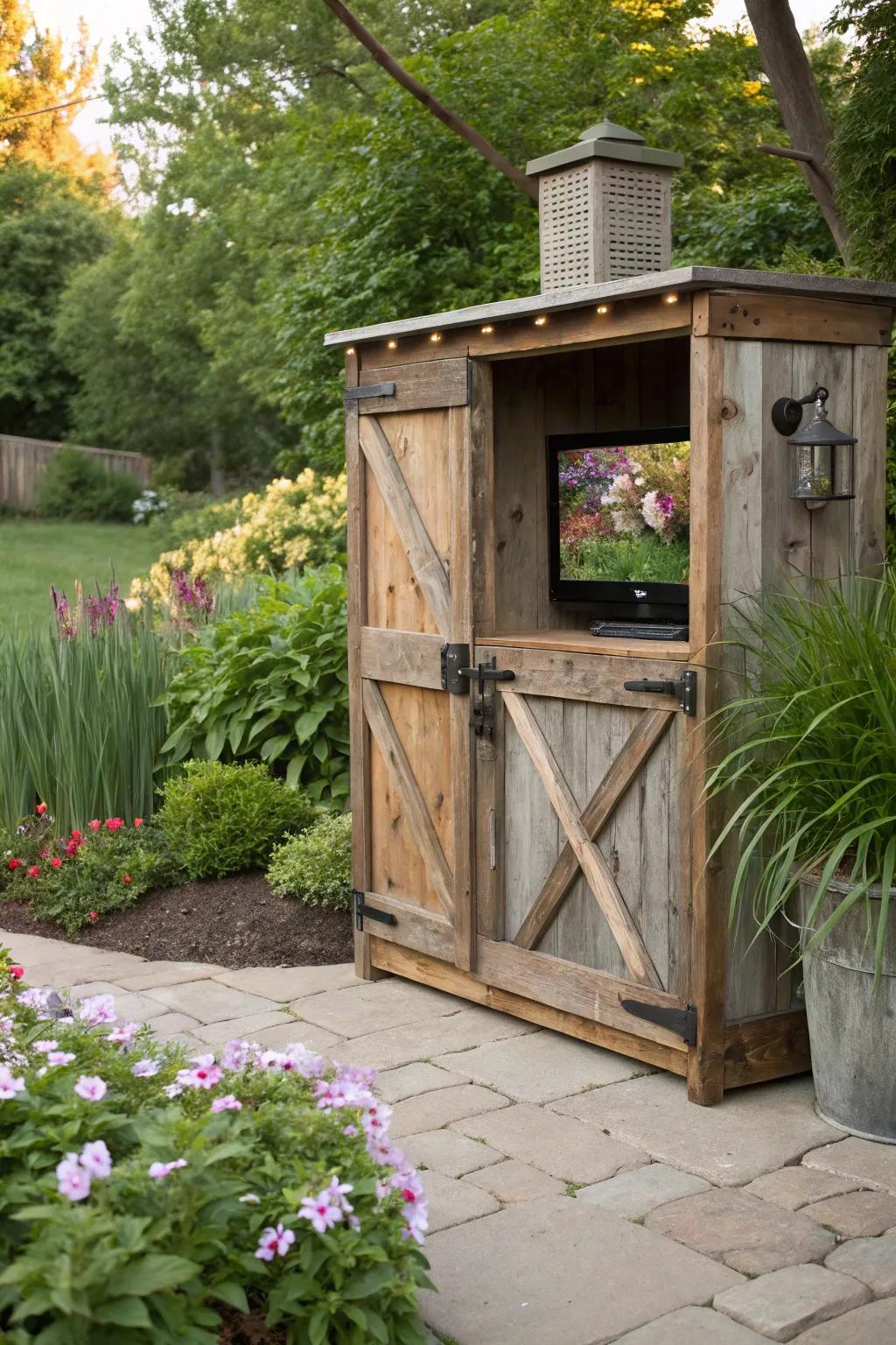 A timber-clad TV enclosure enhances the allure of any garden.