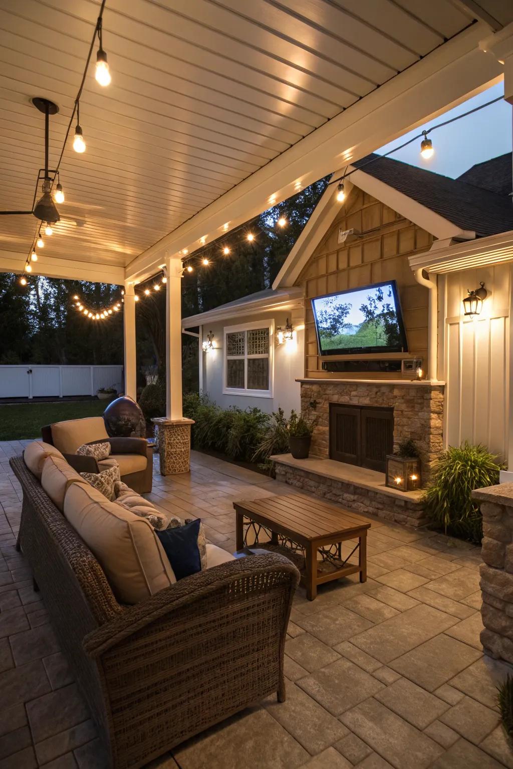 A TV mounted under a covered patio forms an inviting outdoor entertainment area.