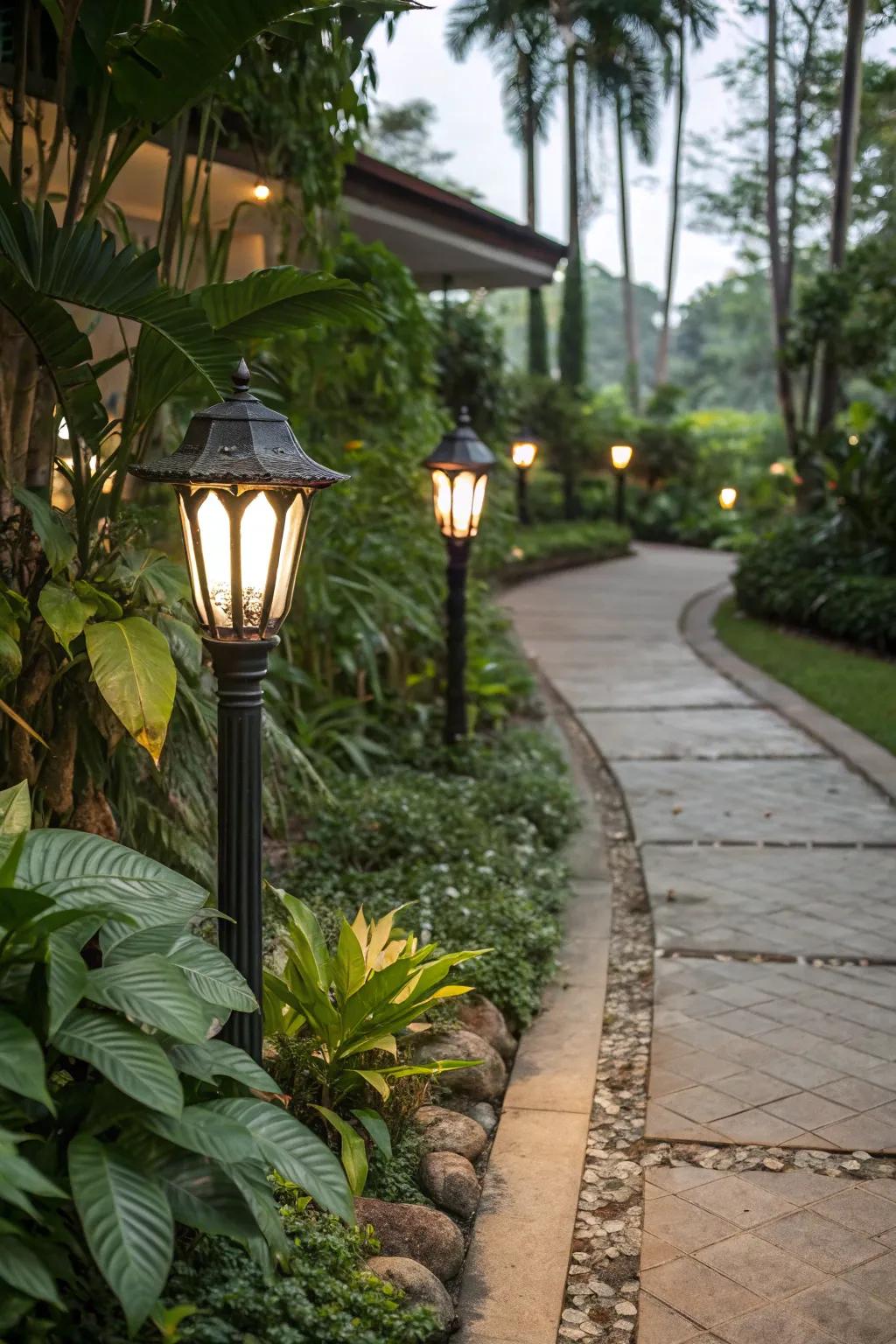 Classic pathway lights craft a welcoming walkway.
