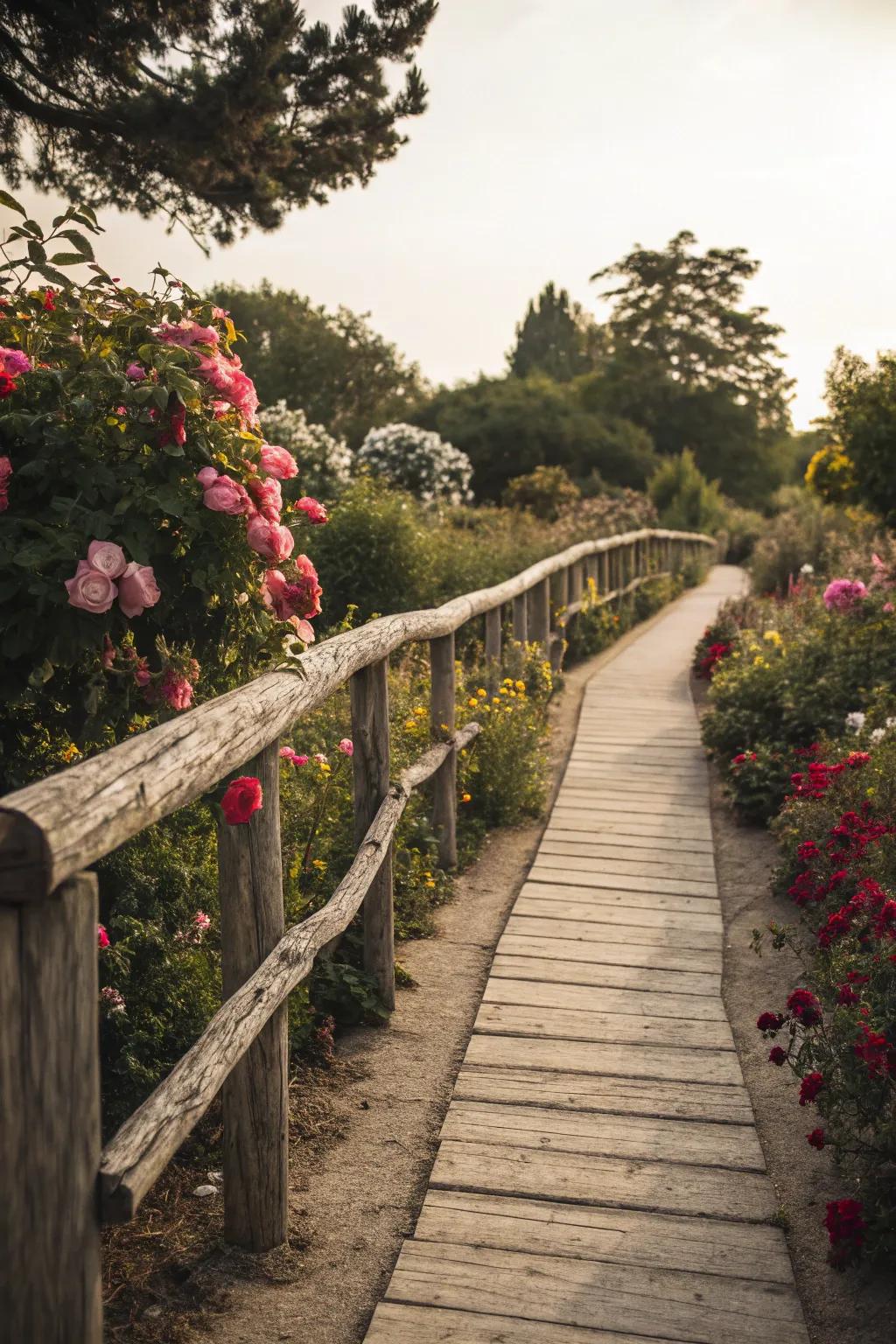 Timeless timber barriers give an old-fashioned allure to any garden route.