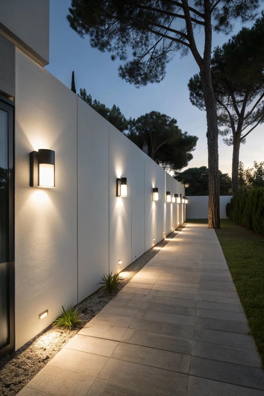 Minimalist outdoor wall lights add elegance to a modern facade.