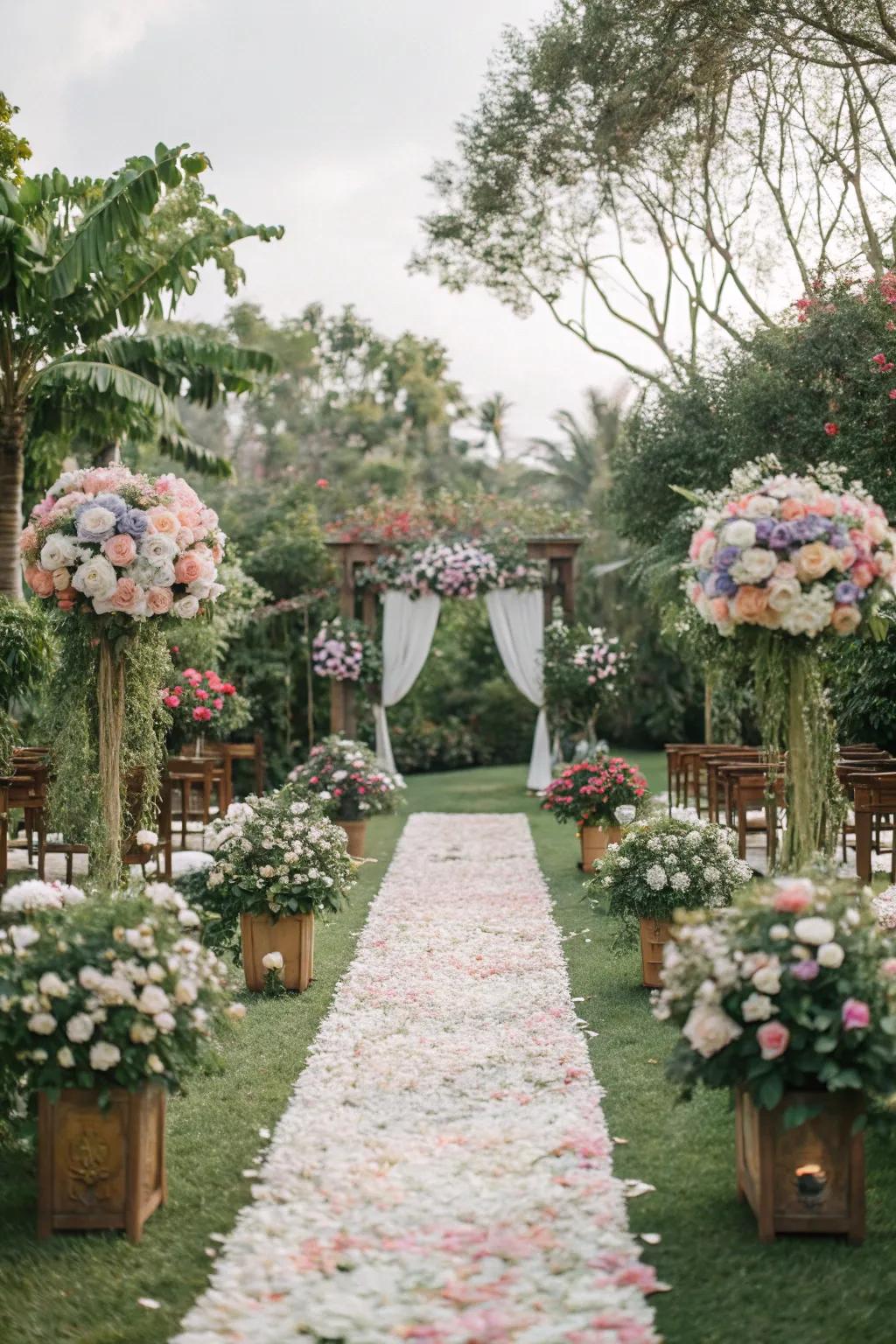 A wedding aisle transformed into a vibrant floral heaven.