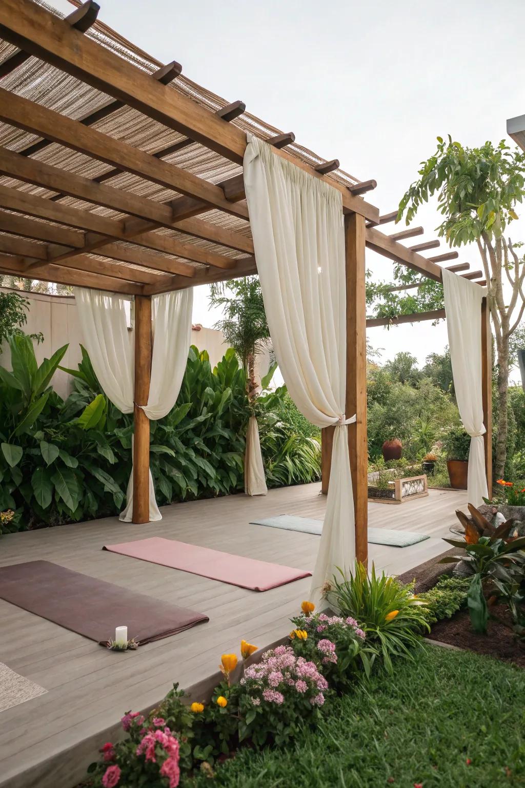 A garden structure gives shade and style, ideal for outdoor yoga.