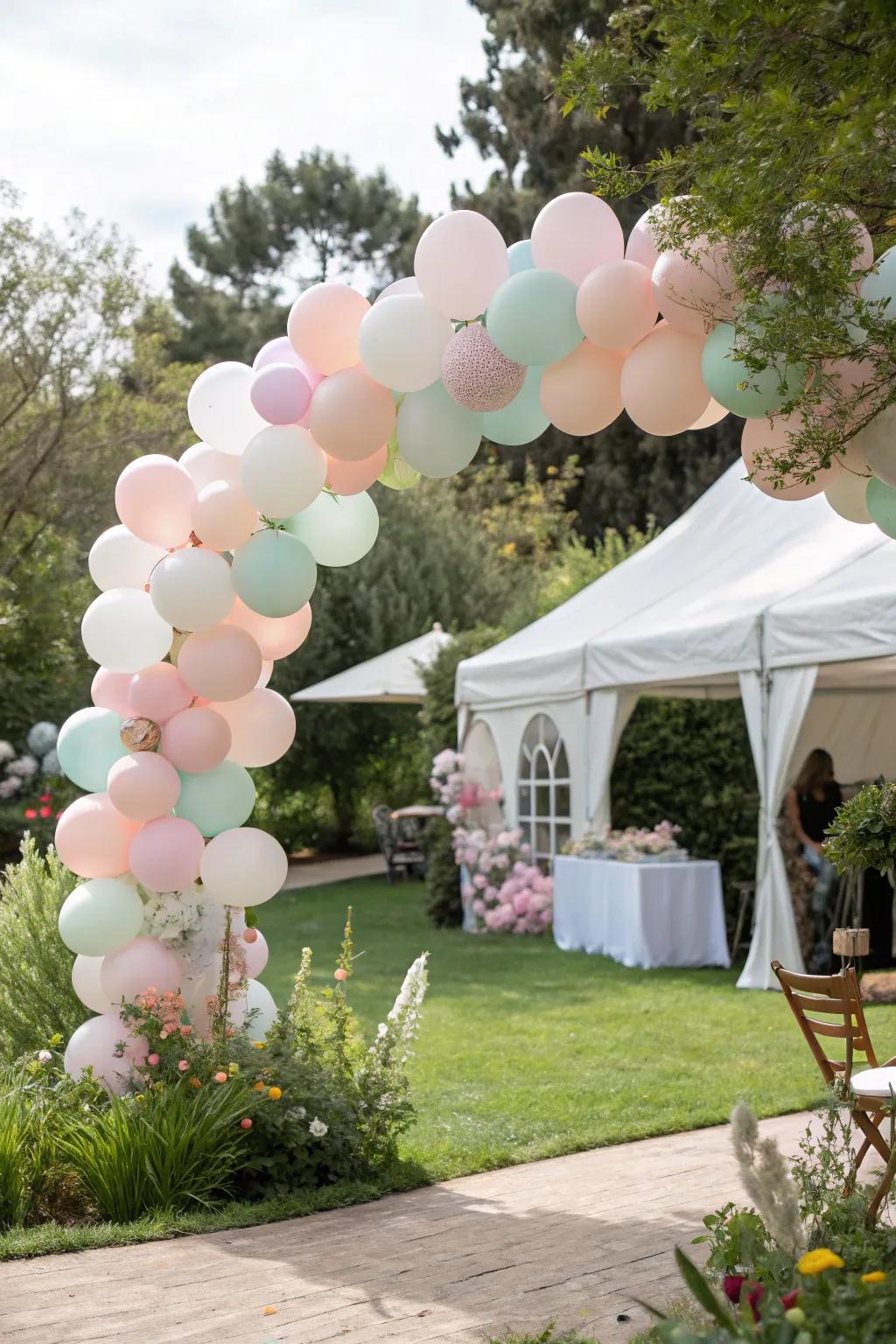 Balloons in gentle shades create a joyful and playful entrance.