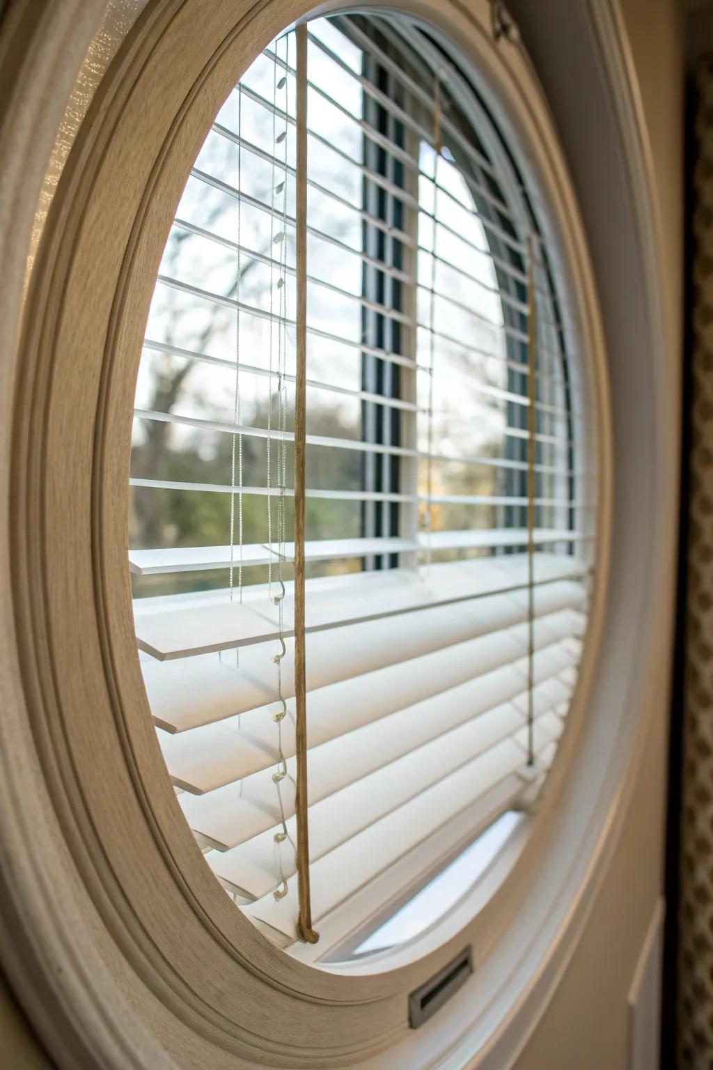 Bespoke window coverings turn oval windows into refined centerpieces.