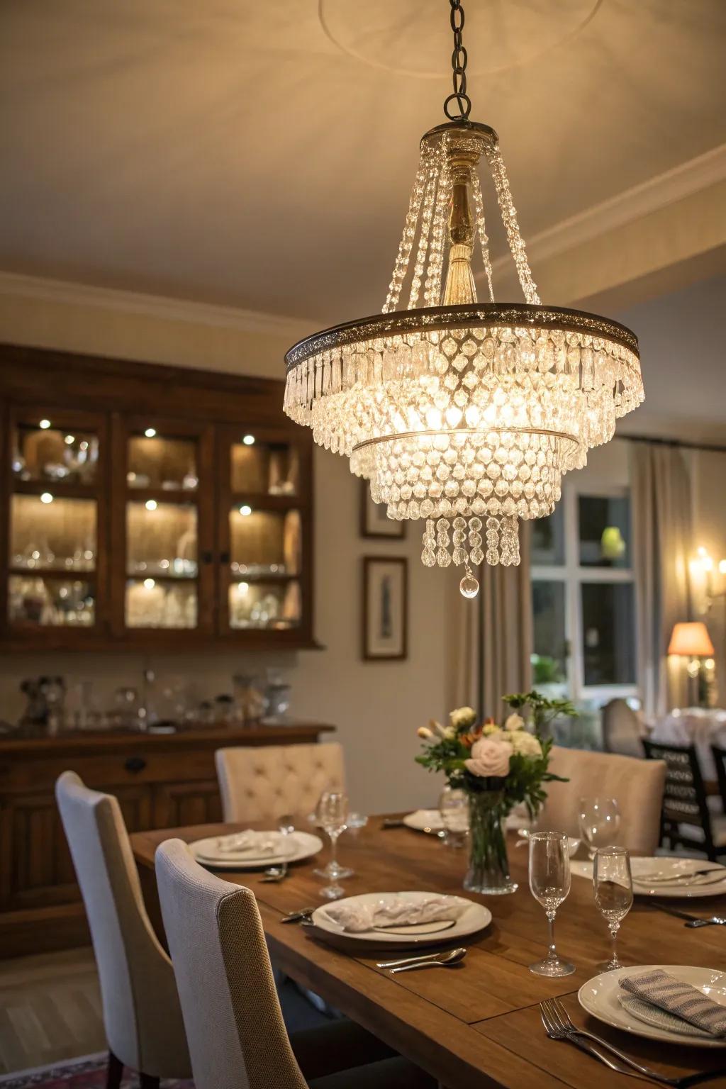 A crystal celestial light introduces an element of elegance to this dining area.