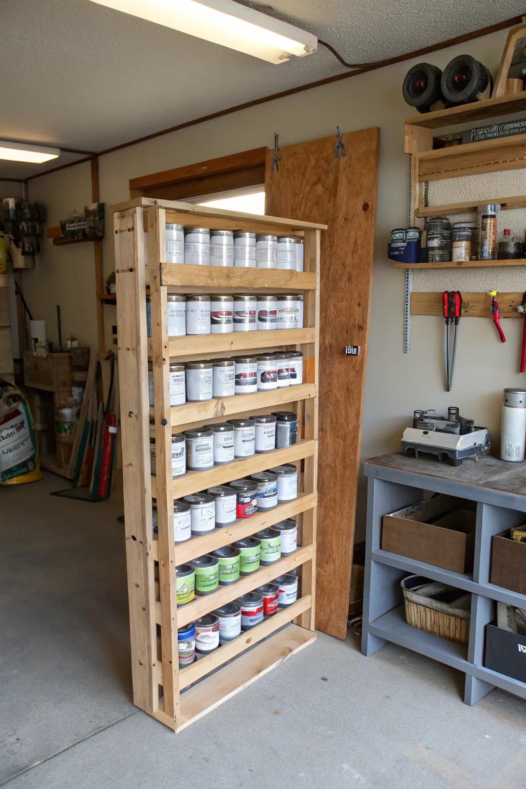 Custom-made wall shelf for paint cans in a well-kept garage.