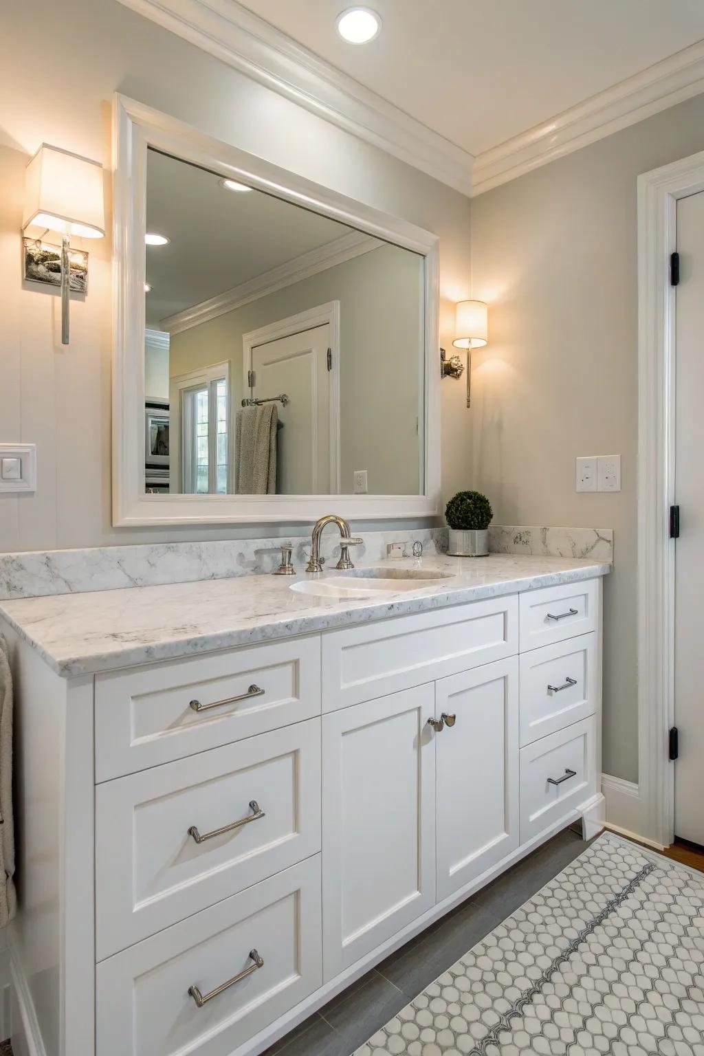 A bright white vanity imparts a crisp, modern aesthetic.