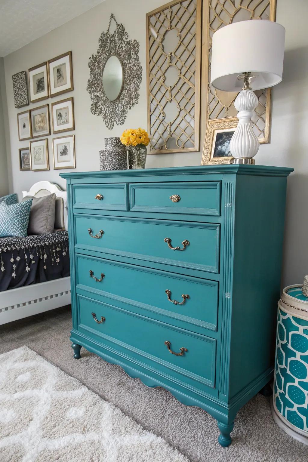 A bold teal dresser can transform the ambiance of your bedroom.