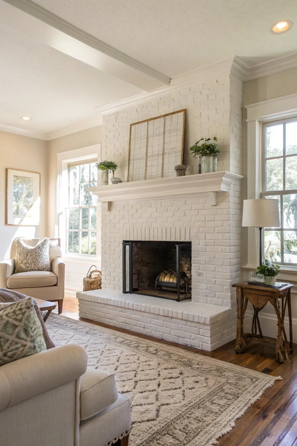 A classic fireplace painted in white to brighten any space.
