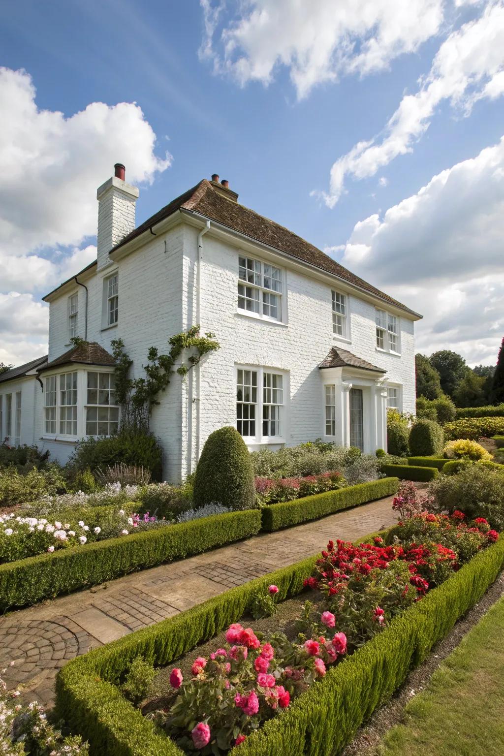 A classic white painted brick house radiates charm and sophistication.