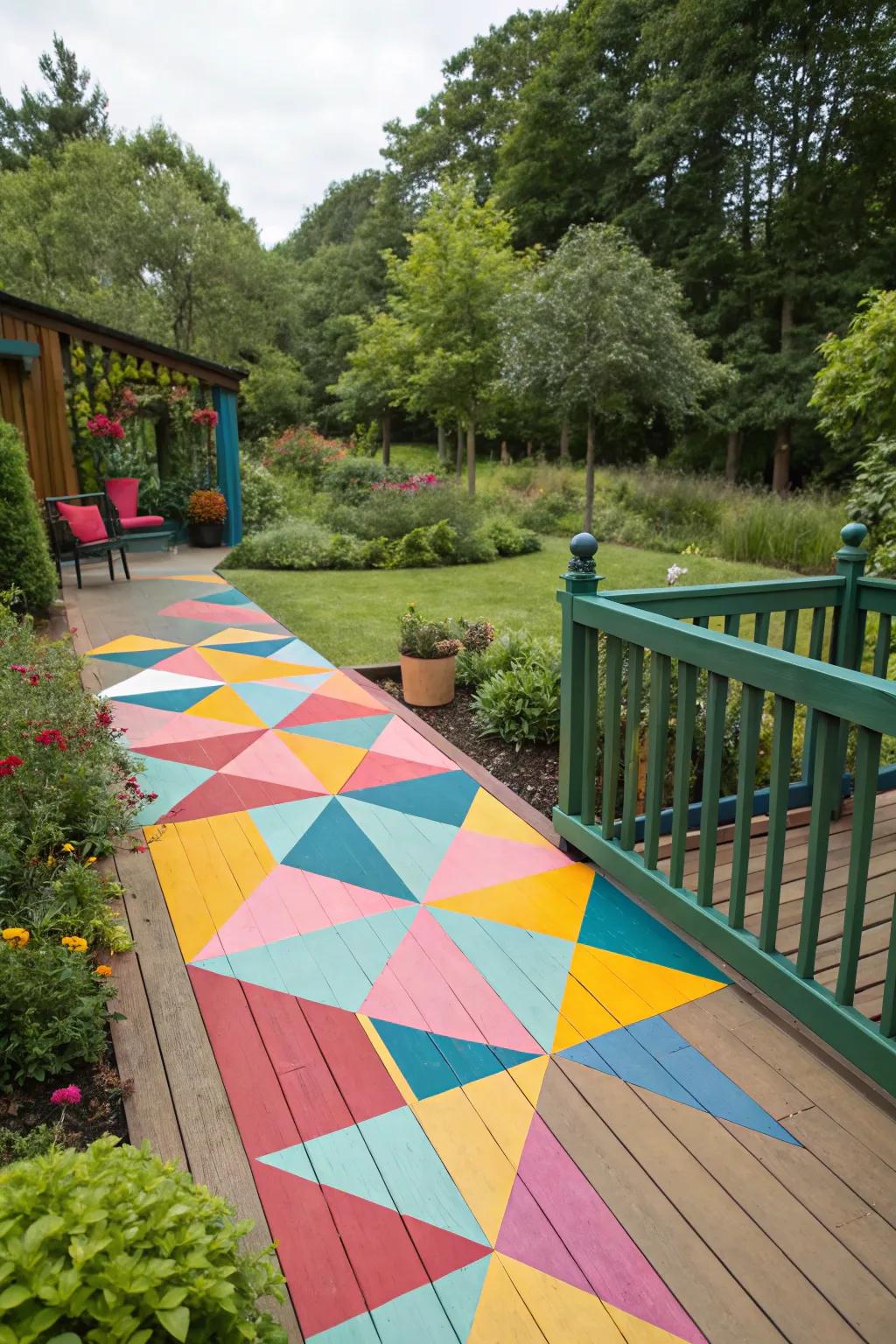 A deck elevated with bold geometric designs, turning the outdoor area into a striking showplace.