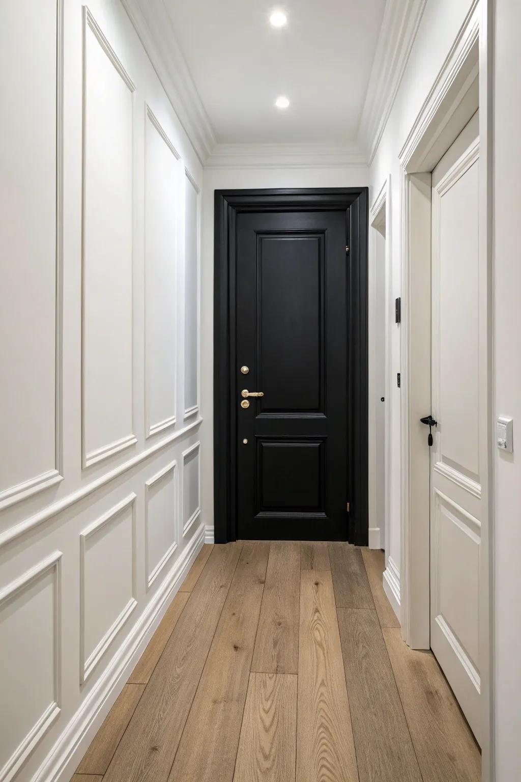 A black door provides striking contrast, enhancing any minimalist space.