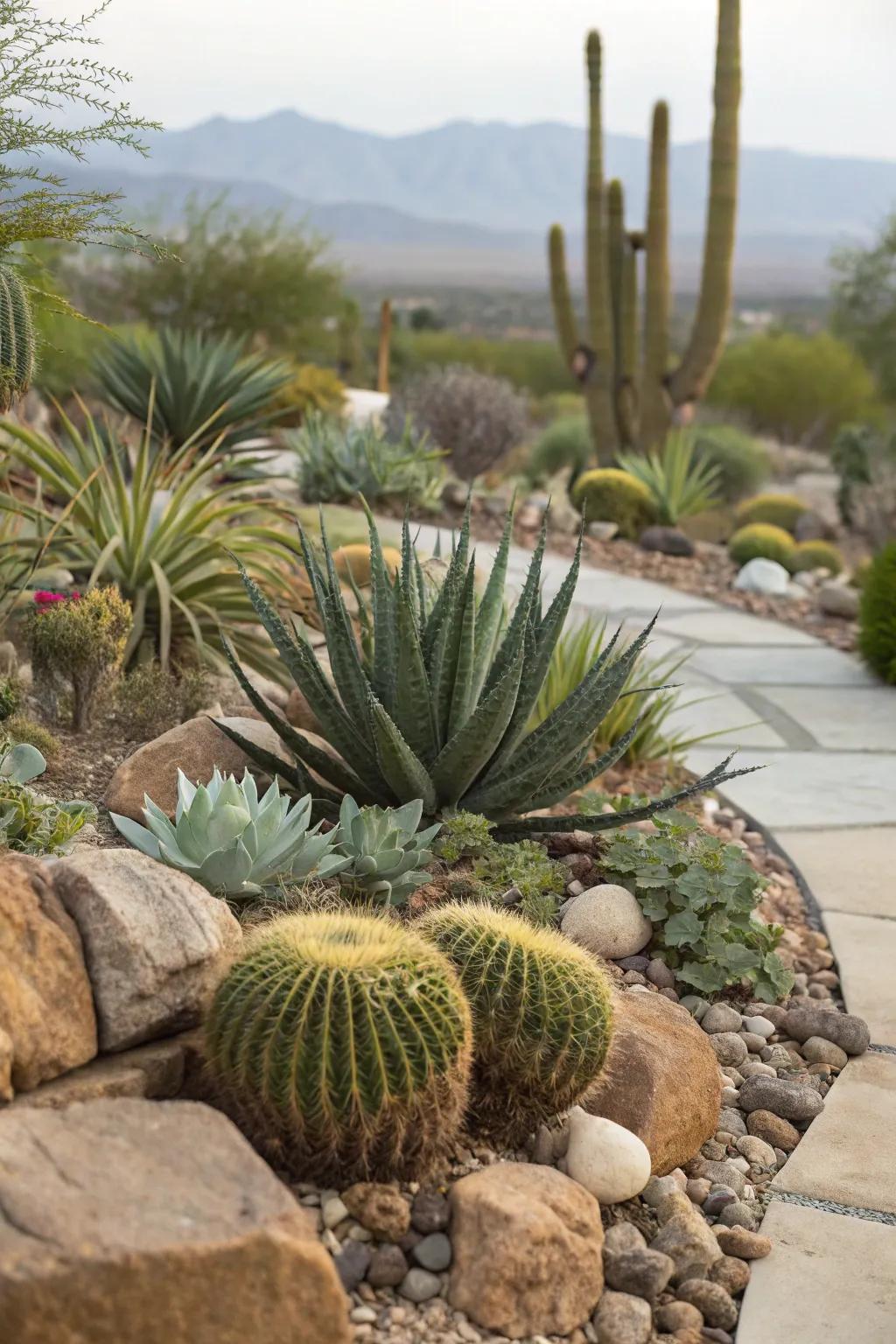 The fusion of succulents and cacti offers a harmonious blend of beauty and easy upkeep.