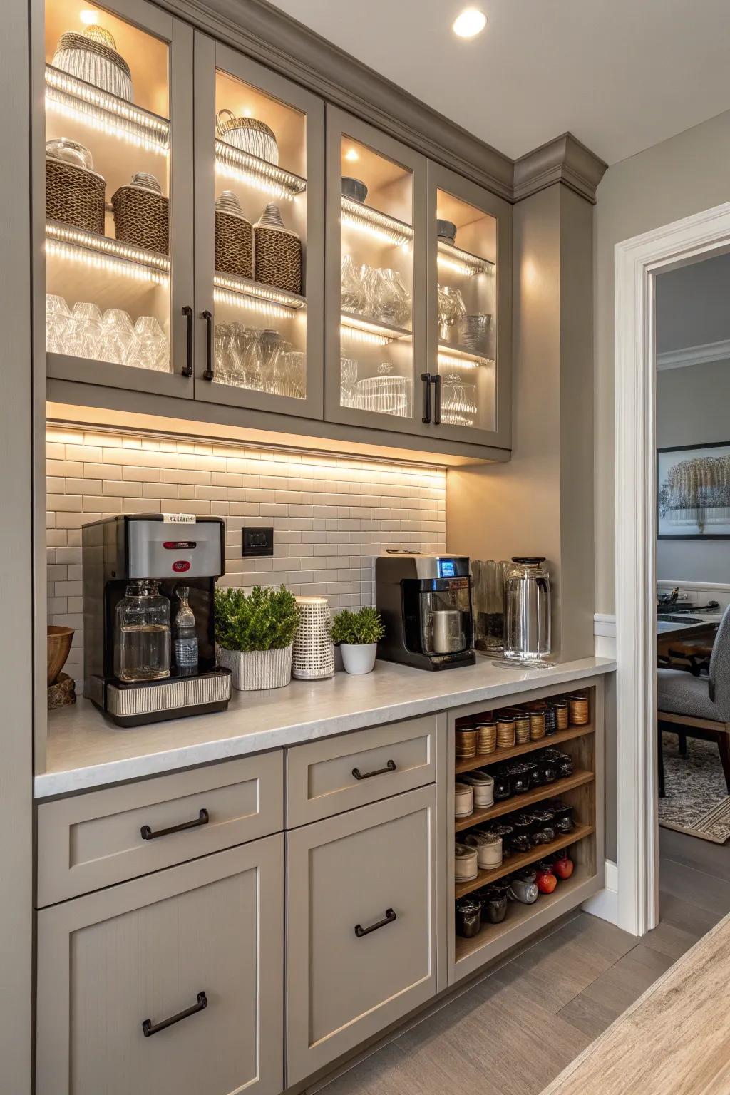 An integrated coffee station with custom cabinets for a streamlined look.