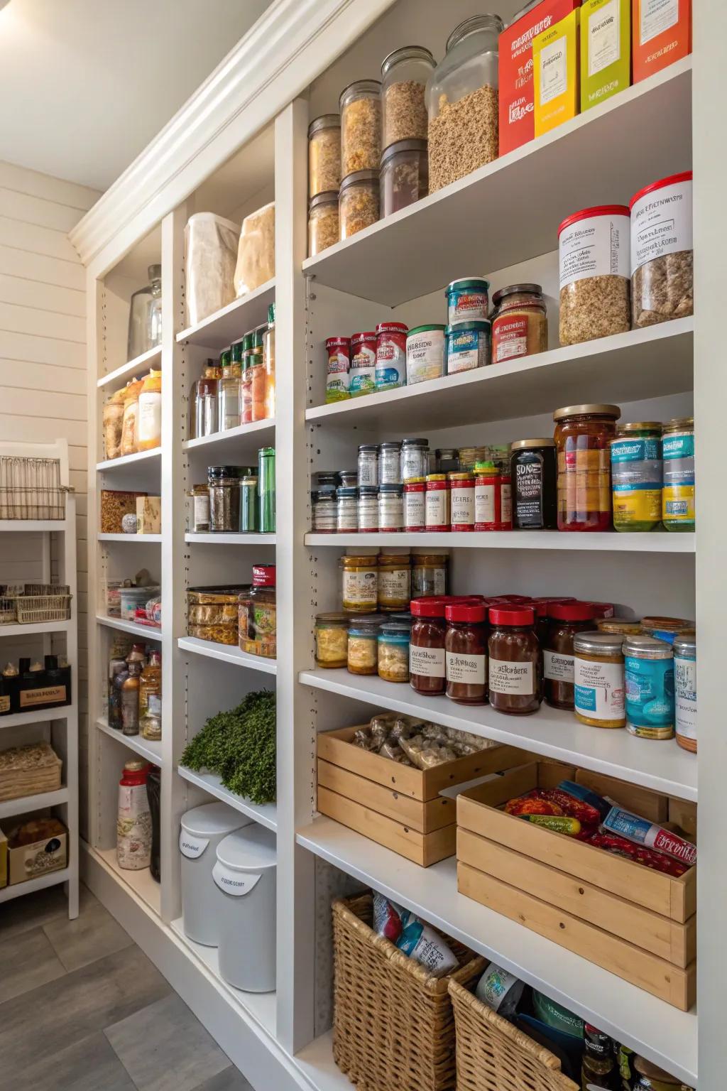 Tailored shelving in a pantry maximizes vertical space and accommodates diverse storage needs.