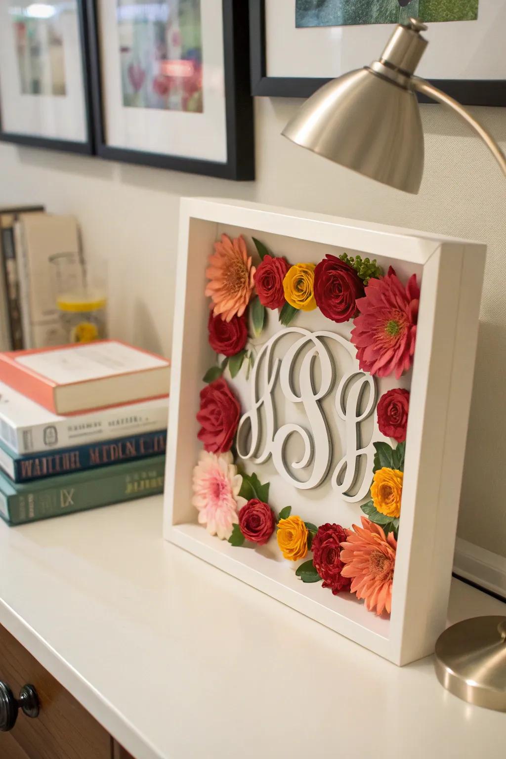 Monogrammed shadow box brings a personalized touch to any space.