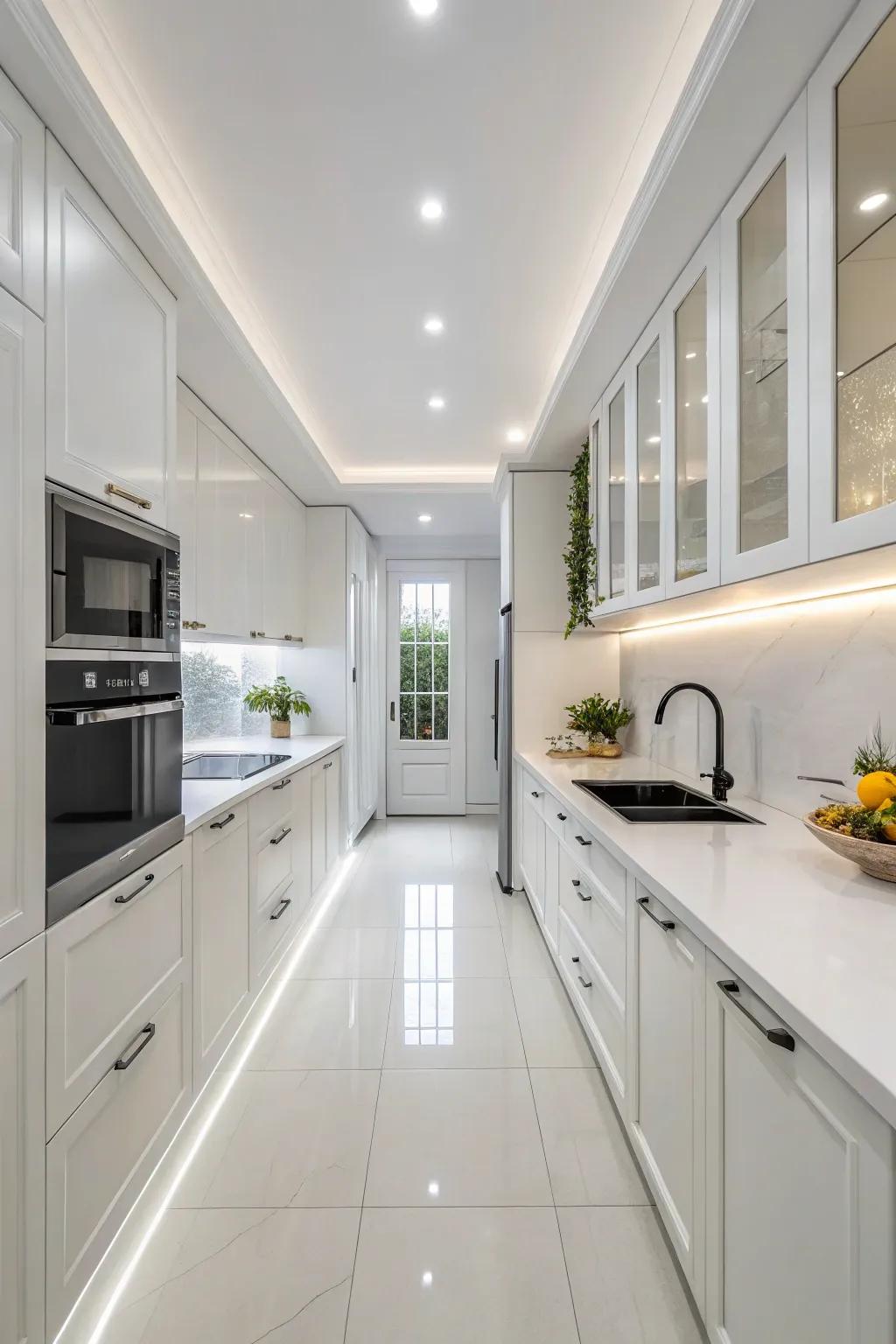 A pristine white kitchen design enhances space and sophistication.