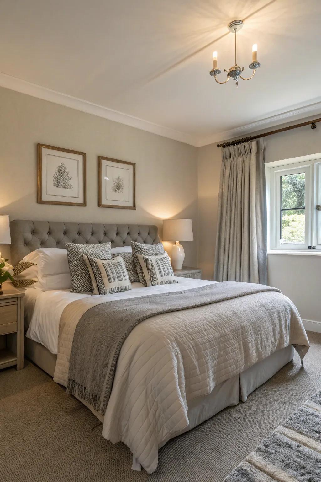A soothing bedroom featuring a neutral palette.
