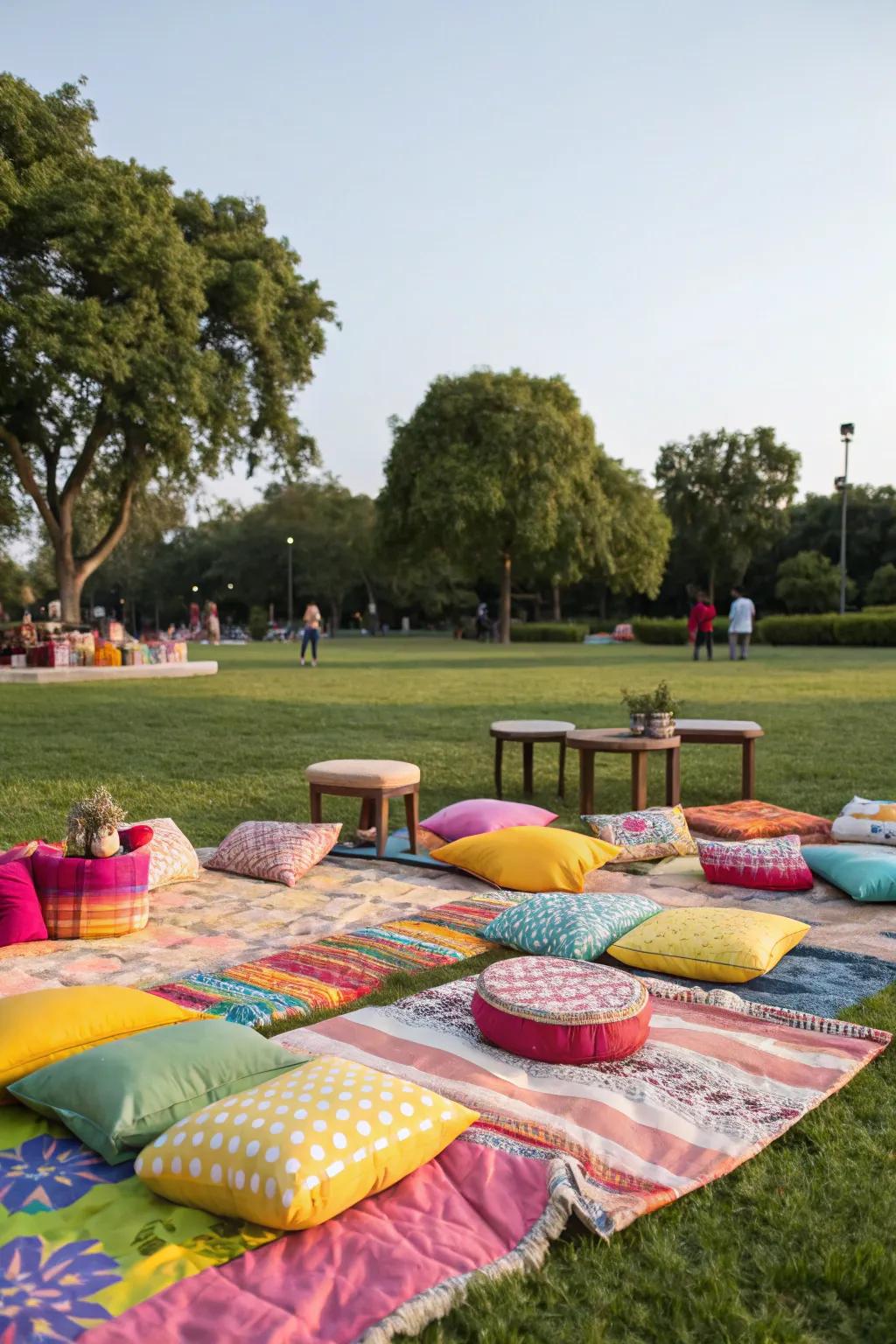 Cozy picnic blankets and cushions create a relaxed seating area.