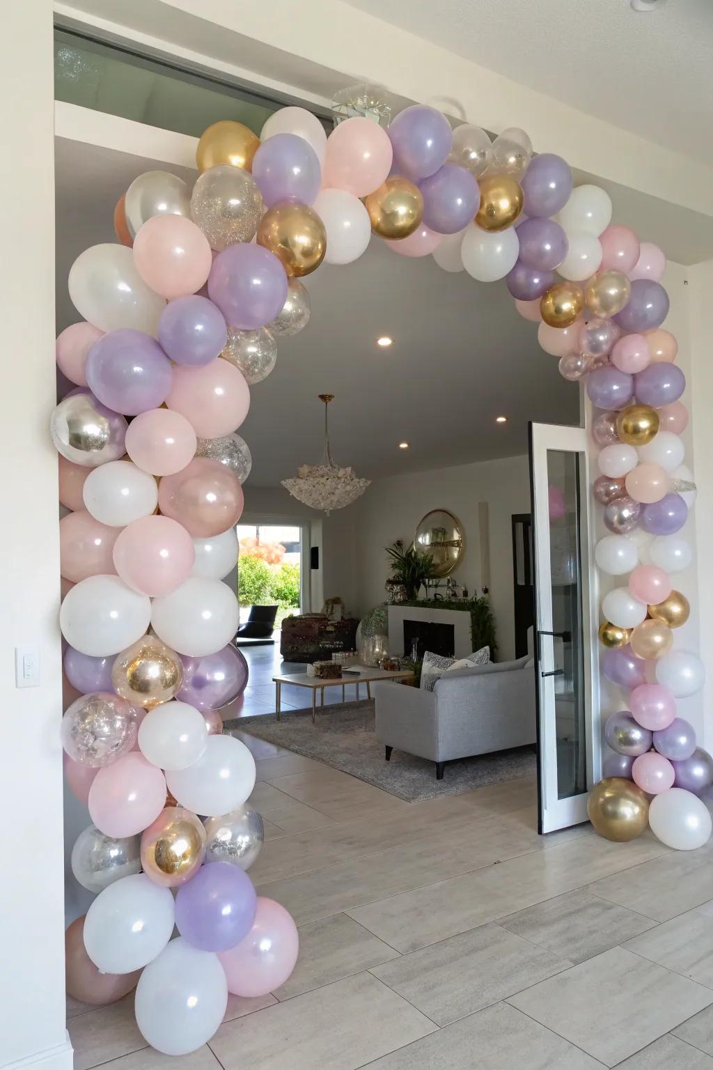 A dazzling balloon arch extending a stylish welcome to party guests.