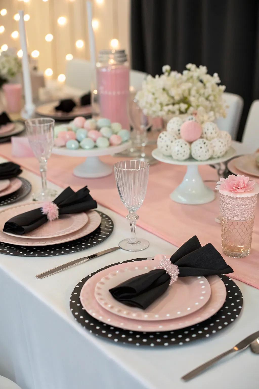 A party table styled in a striking black and white theme, subtly accented with pastel elements