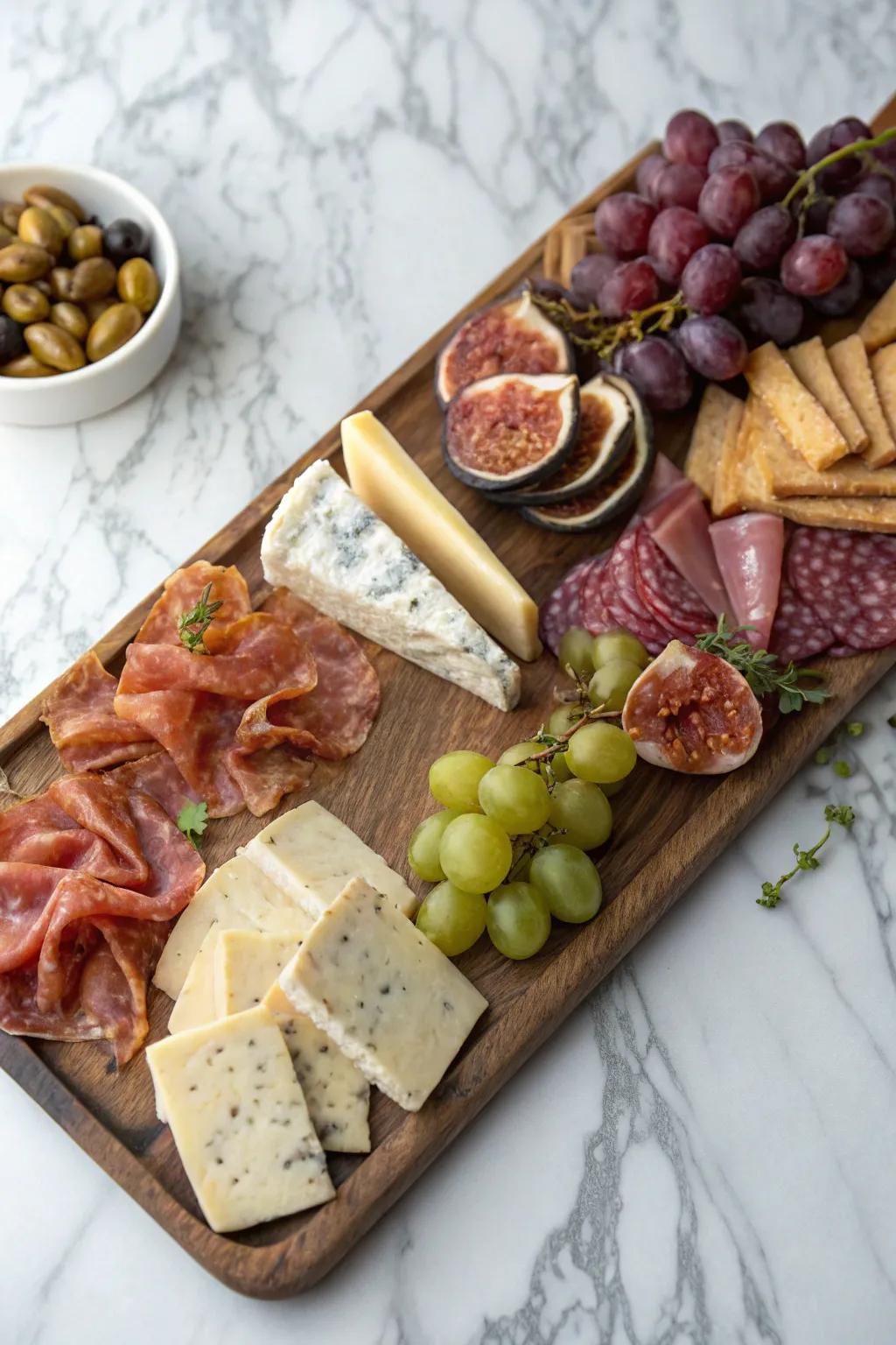 A classic arrangement of cheeses and cured meats overflowing with gourmet goodness.
