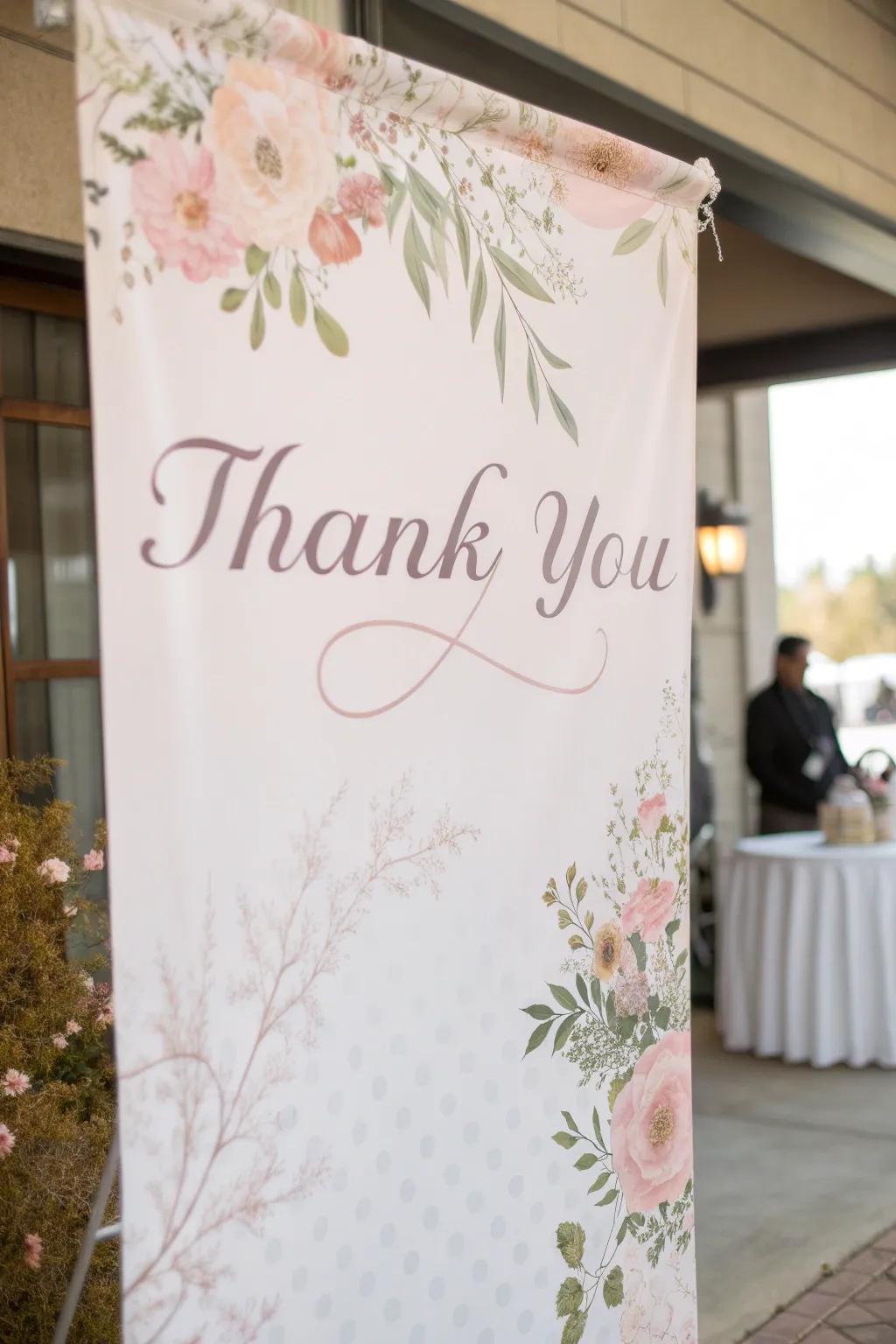 A sophisticated thank you banner complemented by floral accents.
