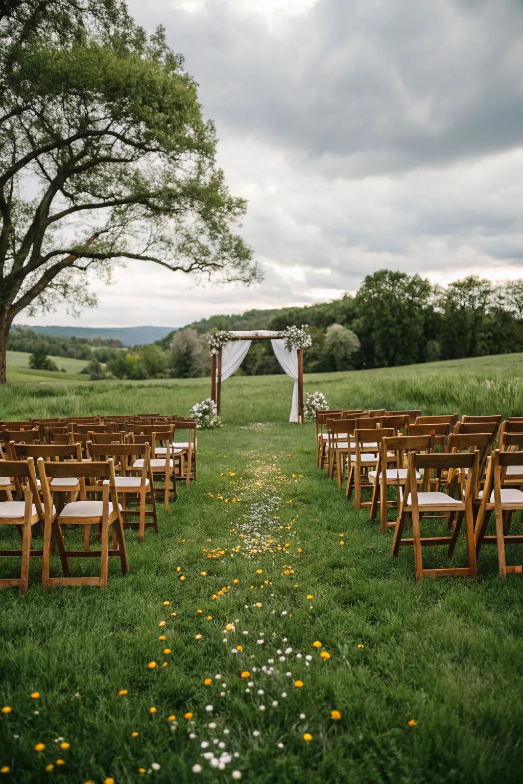 Ceremony setup with wooden chairs on a rich green pasture.