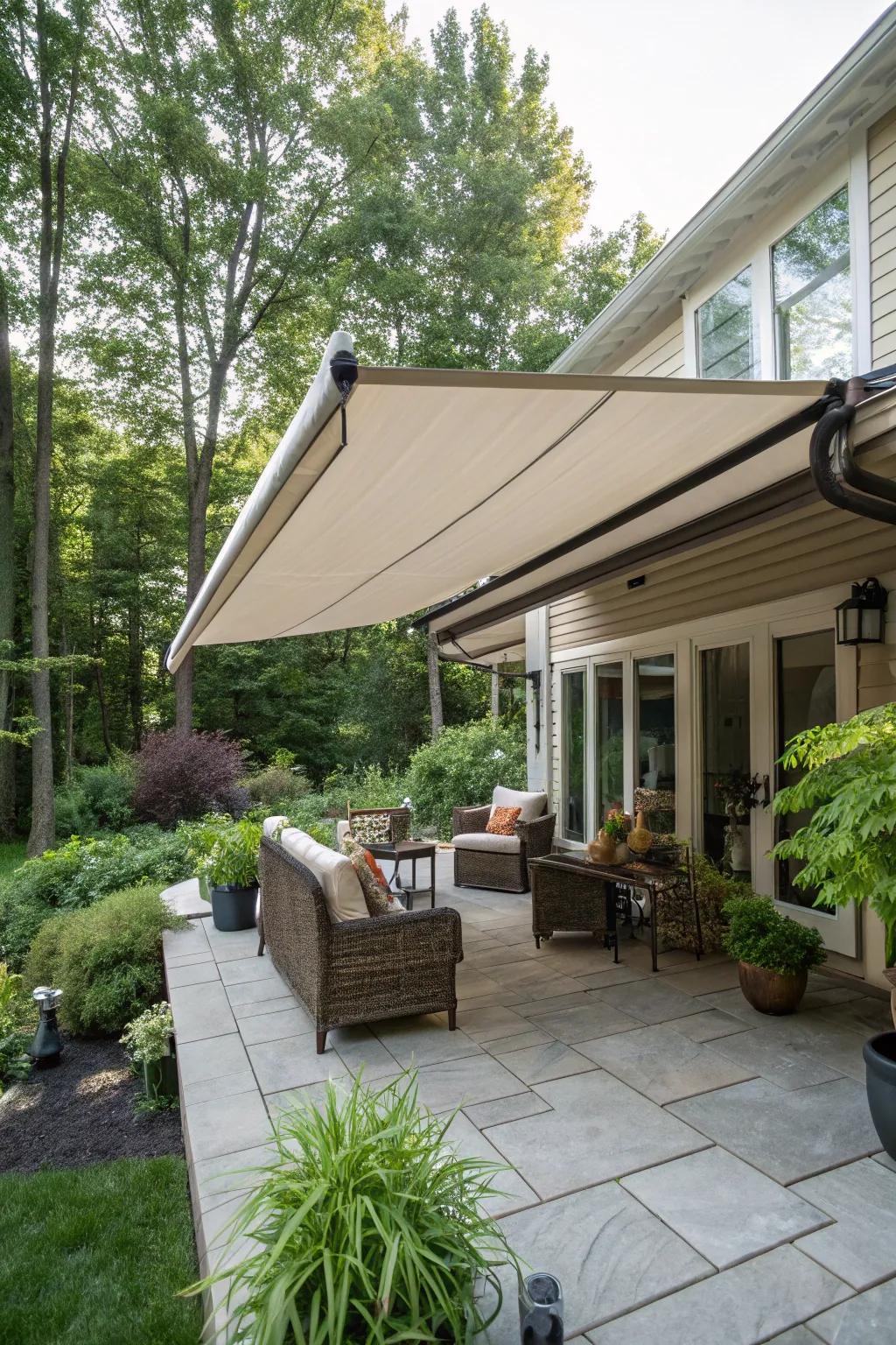 Retractable awnings offer adjustable shading, ideal for shifting weather patterns.