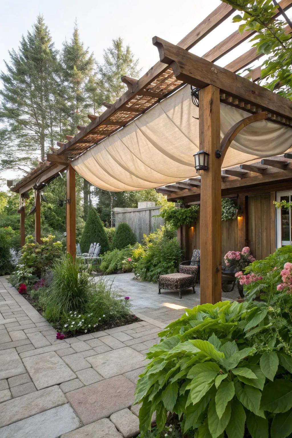 A pergola with a textile shield delivers adjustable defense against precipitation.