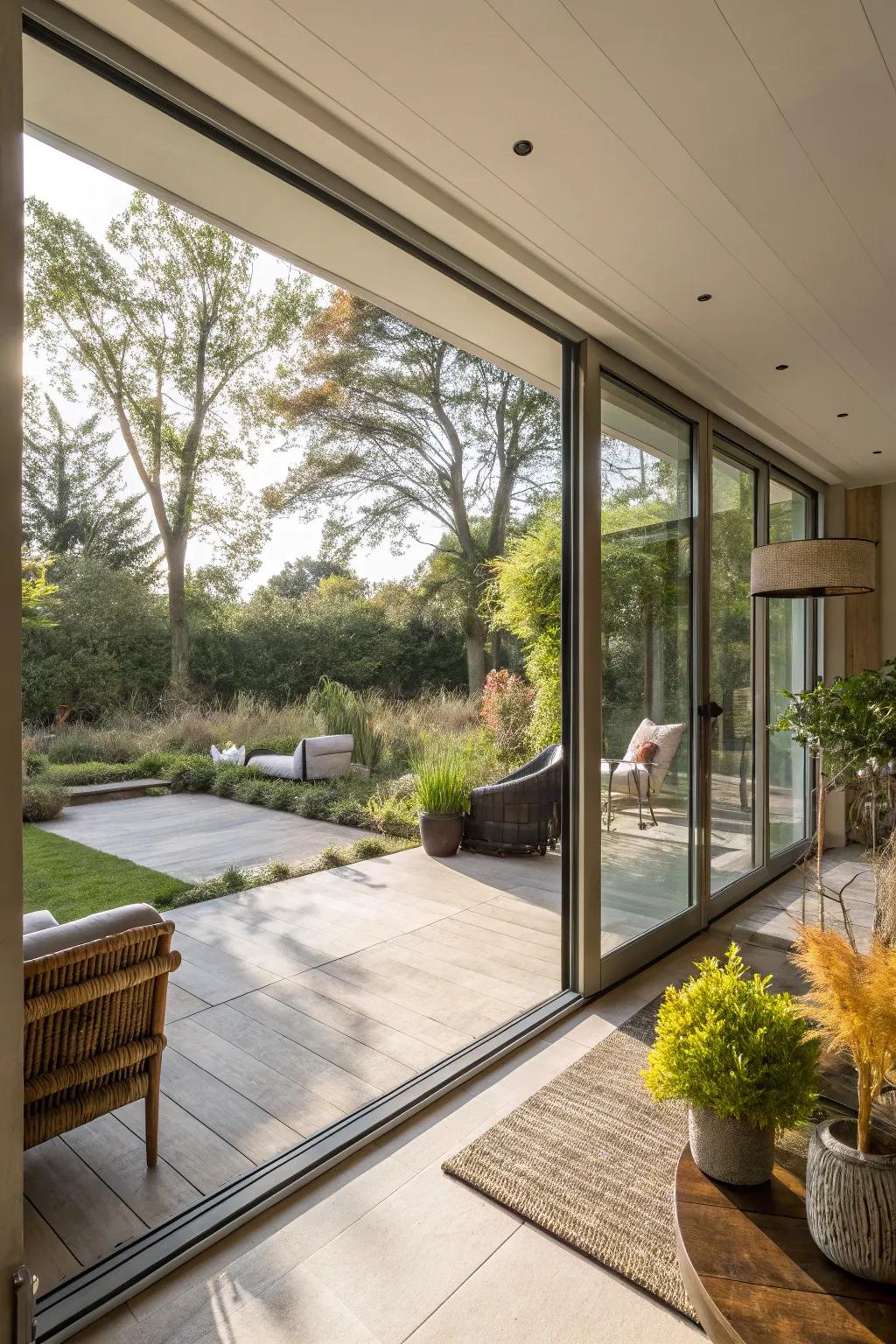 Sliding glass doors provide an expansive perspective of your garden paradise.