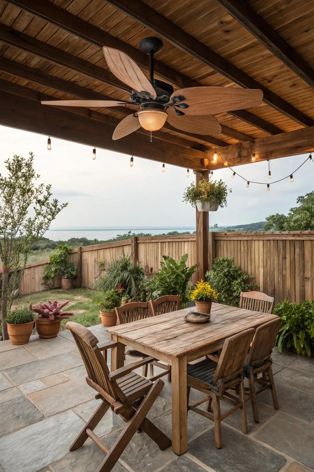 A rustic patio is complete with a wooden ceiling fan and cozy furnishings.