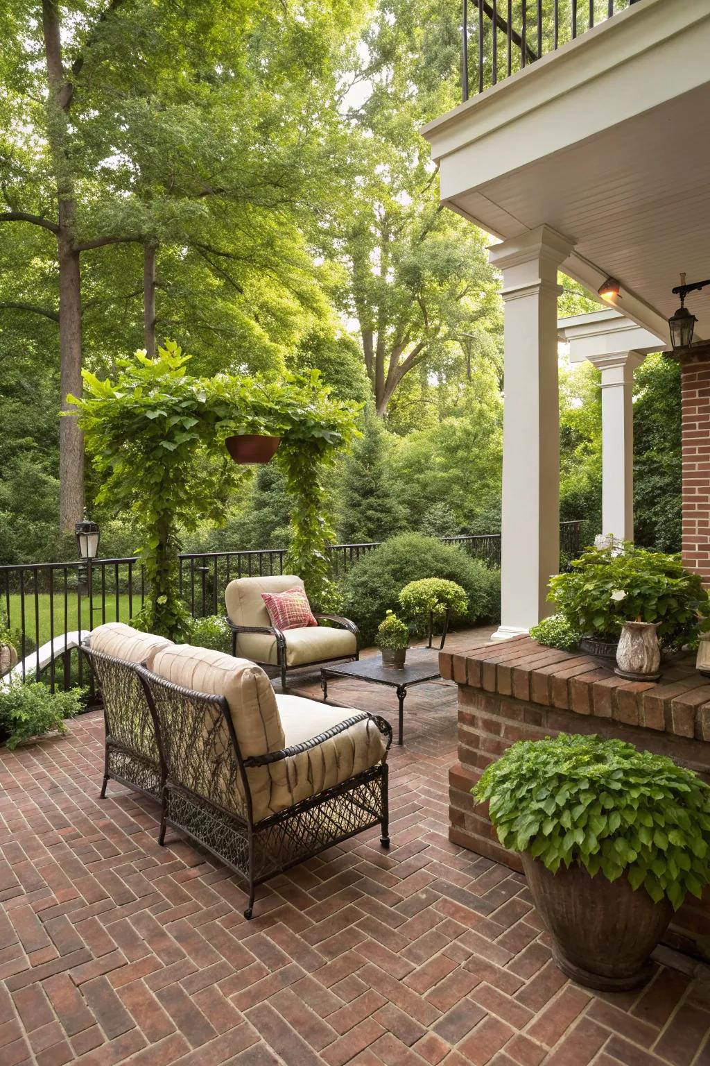 Embrace timeless charm with a classic brick patio.