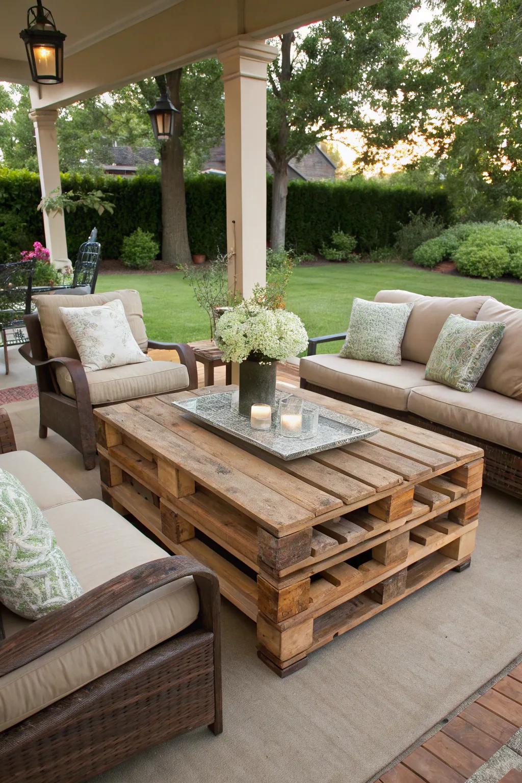 A DIY pallet coffee table set amidst cozy patio seating.