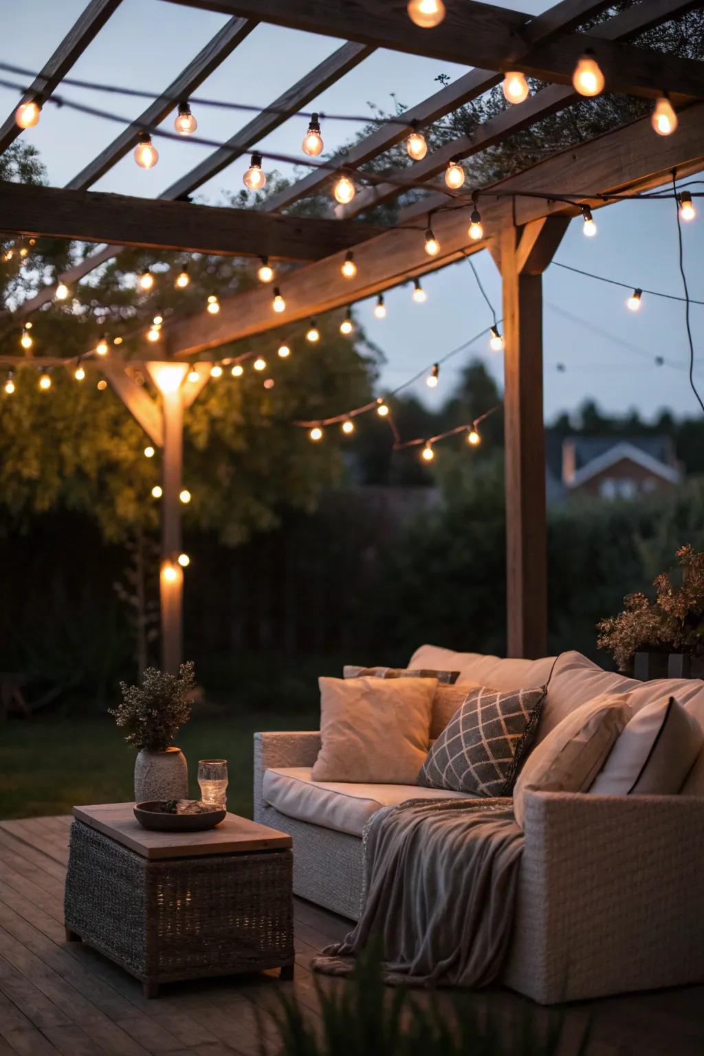 Fairy lights mimic a starry sky above a comfortable patio.