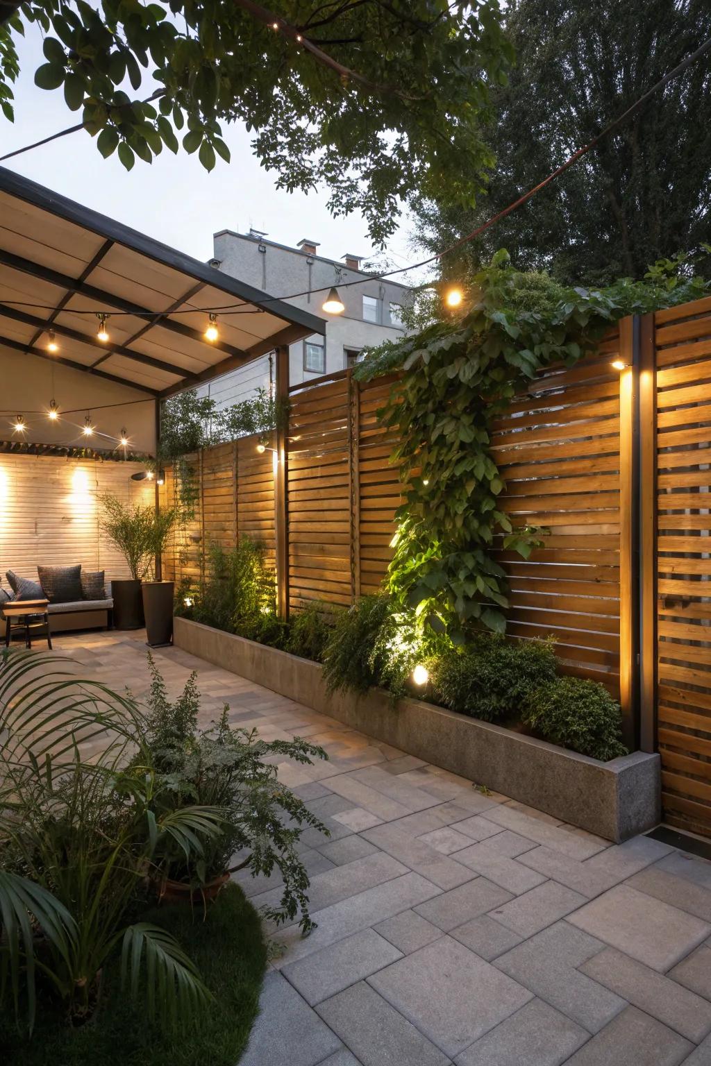 Timber panels introduce a traditional element to patio privacy, improving both style and intimacy.