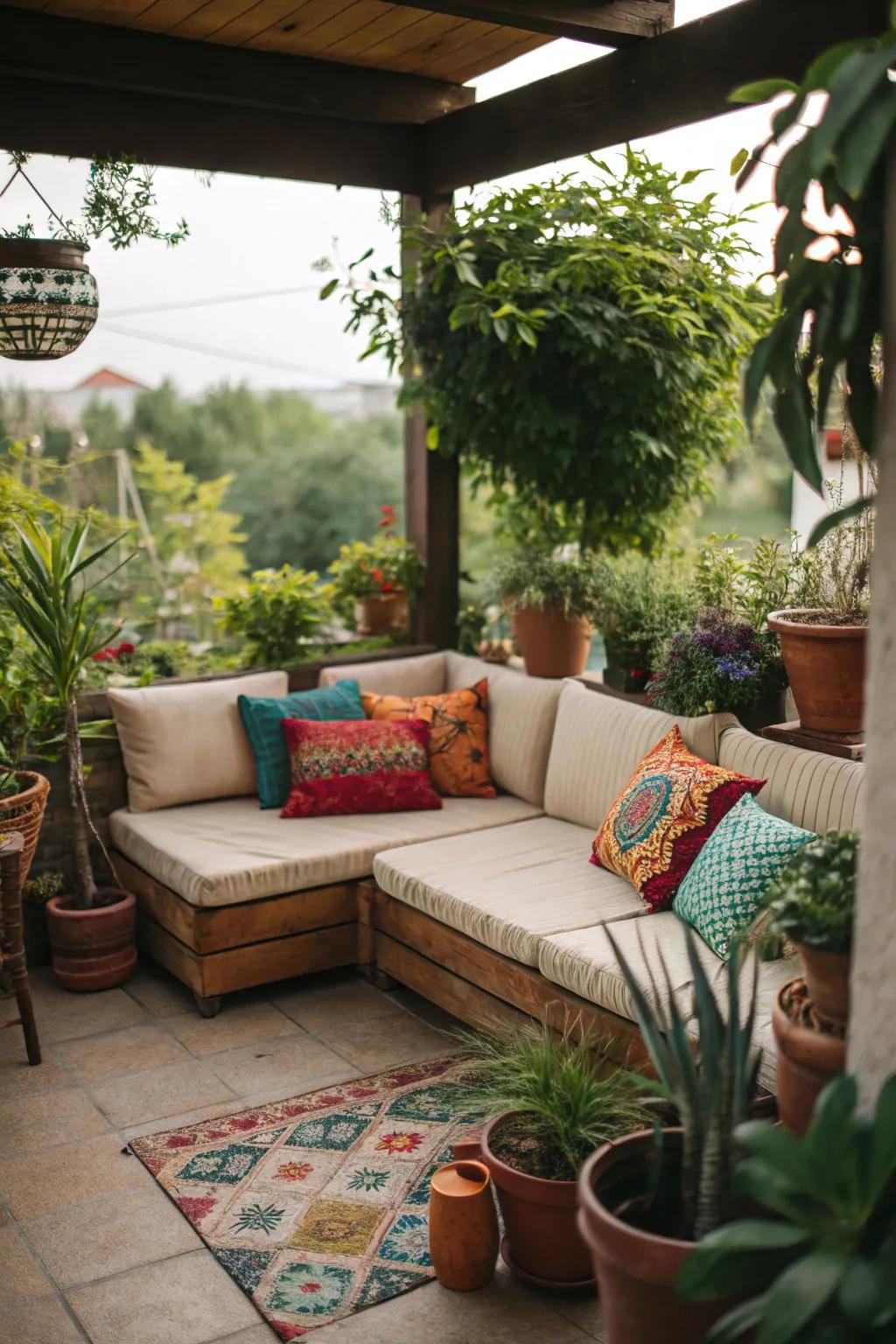 A cozy corner setup with a sectional sofa and vibrant cushions.