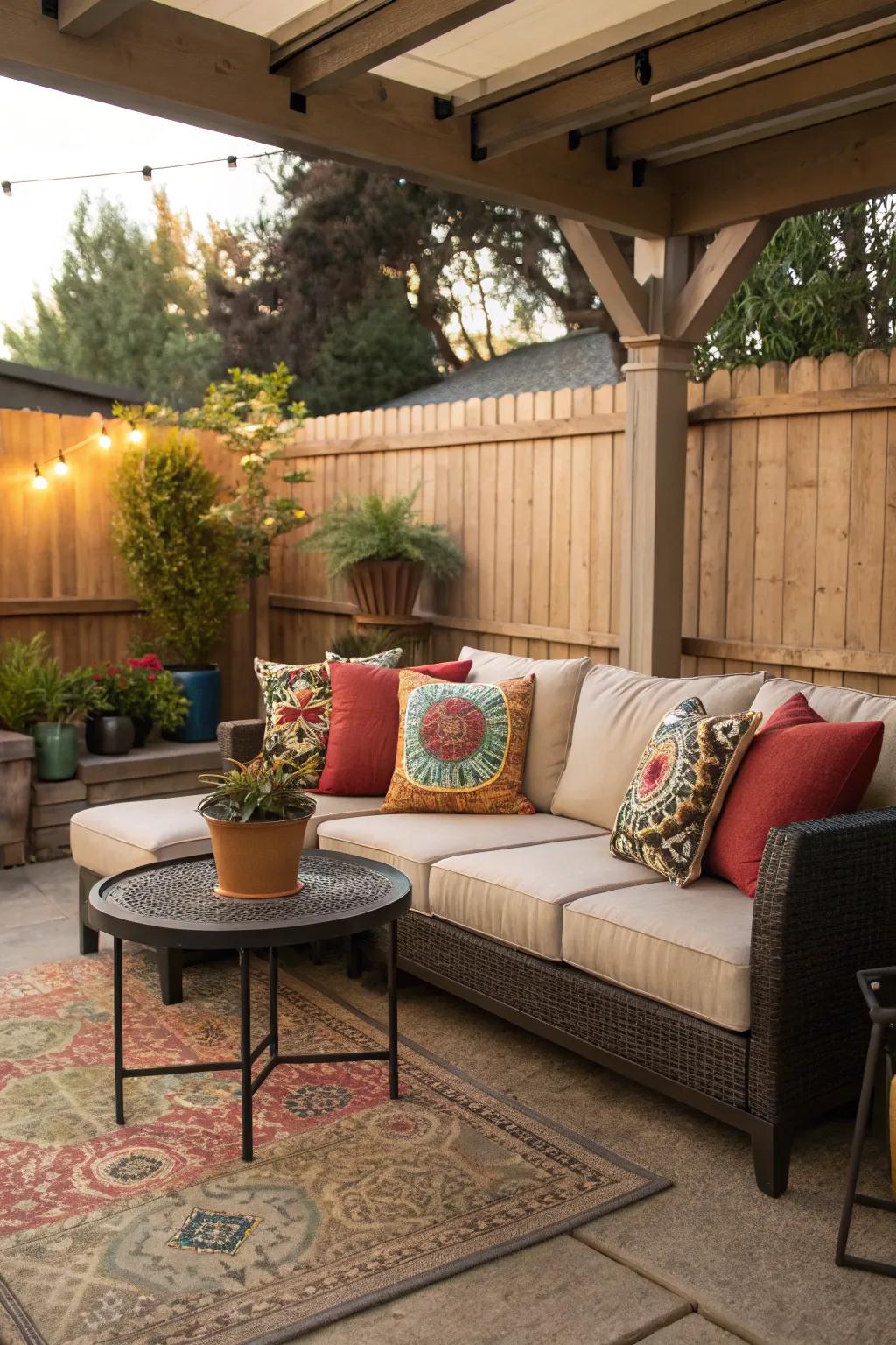 A comfortable spot with soft seating and vibrant cushions.