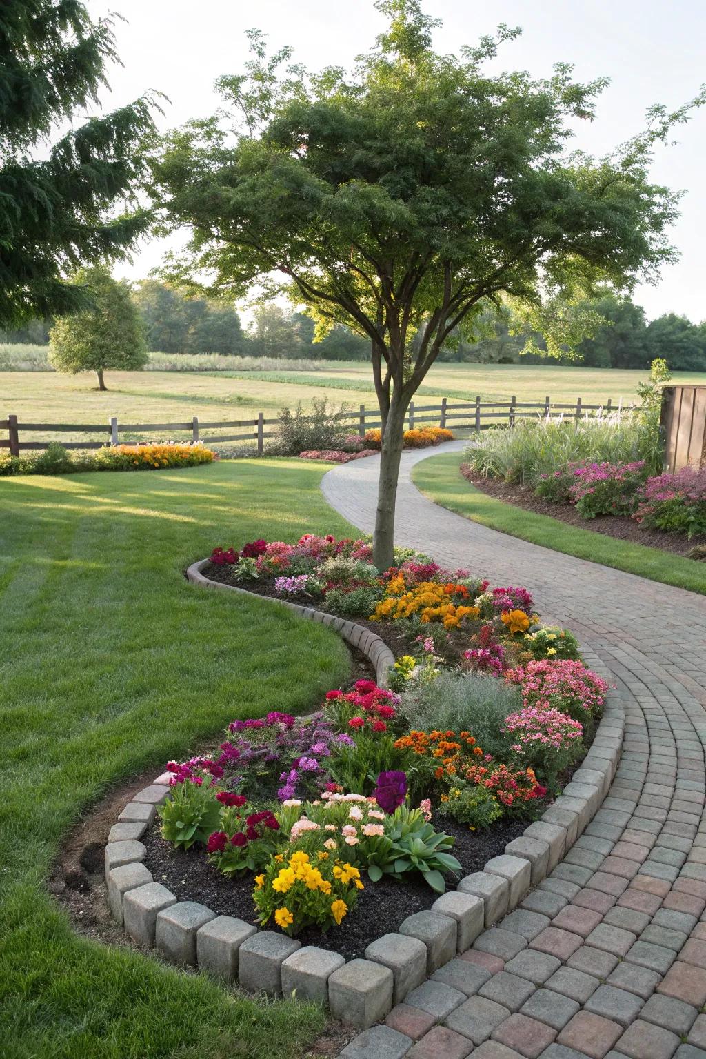 Curved paver flower beds introduce a dash of refinement to any garden landscape.