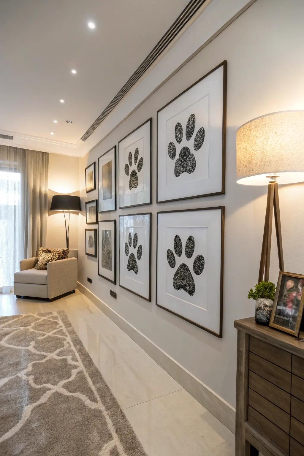 A framed paw print artwork that lends allure to a sophisticated setting.