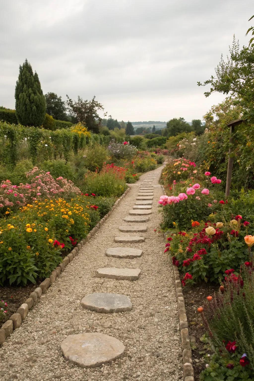 A fanciful garden walkway with crushed pebbles and lavish blossoms.