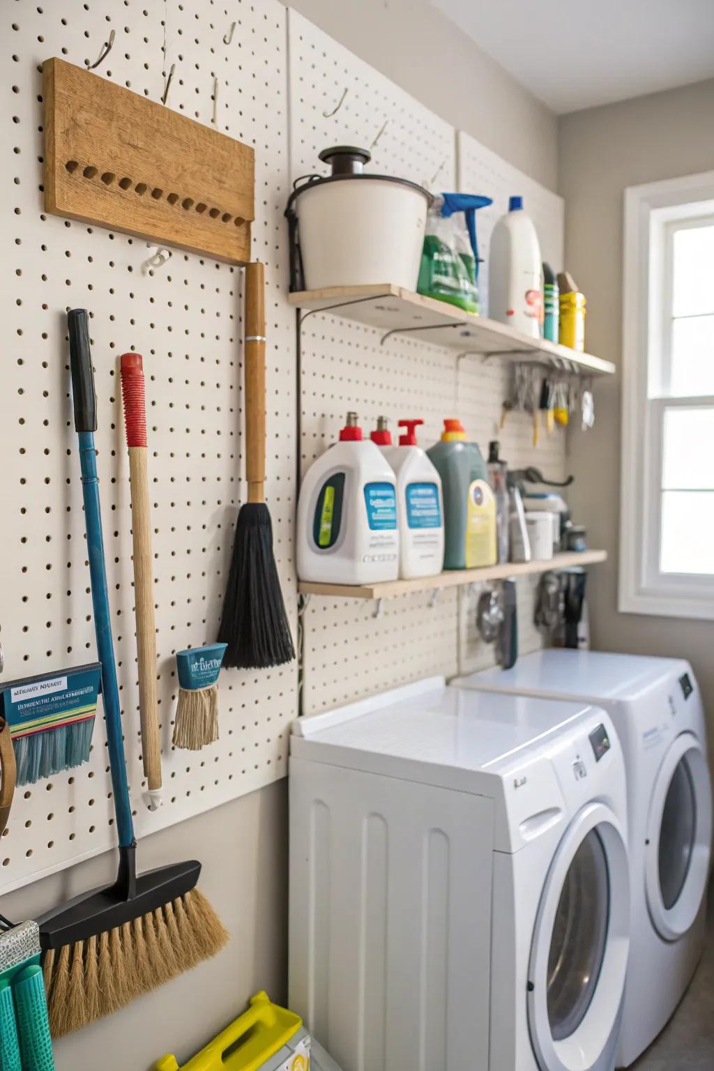 Handy and easily accessible laundry supplies on a panel board.
