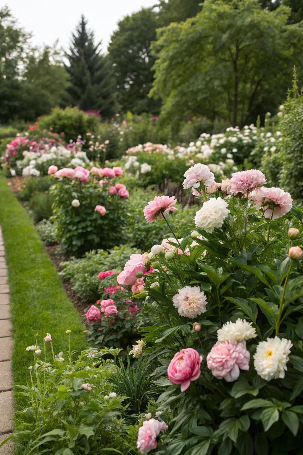 A lively blend of peonies creates a stunning garden spectacle.