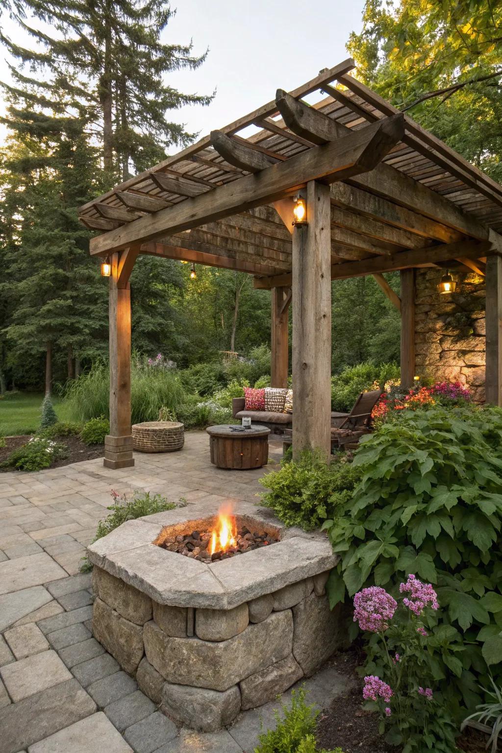 Embrace nature with a rustic wood and stone pergola fire pit.