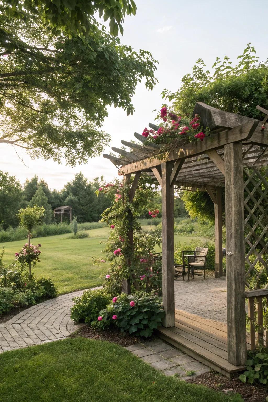A timber arbor gives a natural element to your outdoor space.