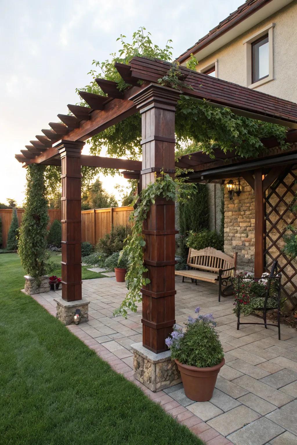 Classic wood wrapping adds timeless elegance to pergola posts.